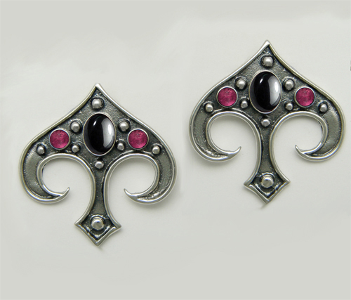 Sterling Silver Gothic Inspired Drop Dangle Earrings With Hematite And Pink Tourmaline